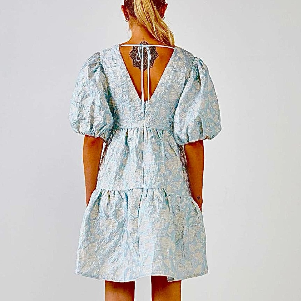 Light Blue Floral Puff-Sleeve Tiered Dress - Picture 2 of 14